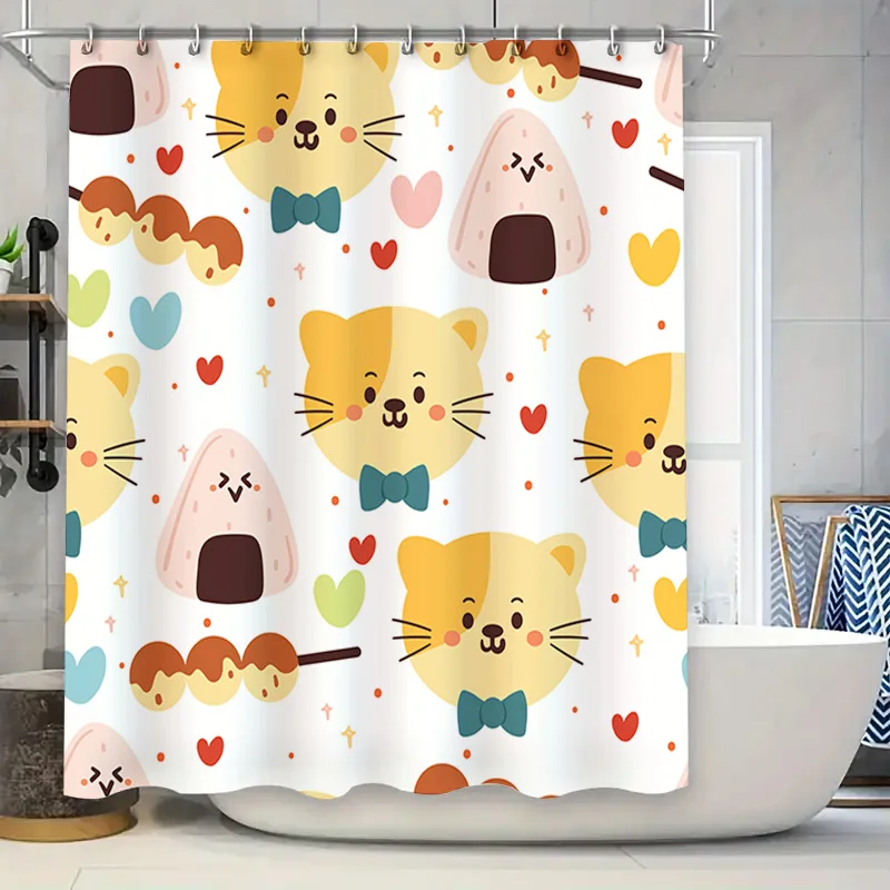 

Занавеска для душа в ванной комнате с мультяшным дизайном животных для детей, милый принт кота пастельных тонов, декоративная водонепроницаемая ткань