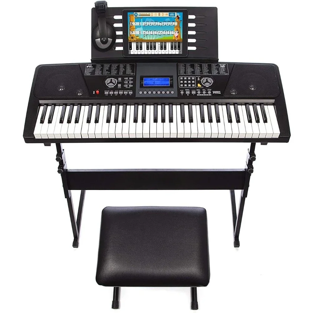 61 Key Keyboard Piano with LCD Display Kit, Stand, Bench, Headphones, Simply App & Keynote Stickers Keyboard Piano