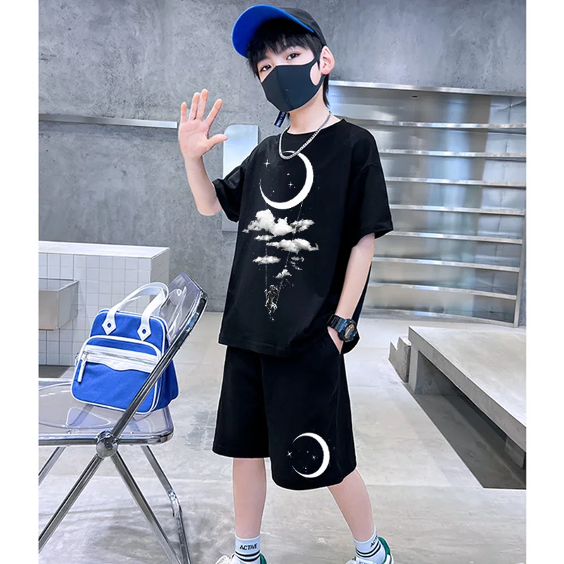 جديد مضحك فتاة القمر الطباعة الاطفال تي شيرت دعوى 100% القطن الأطفال قصيرة الأكمام السراويل الفتيان الفتيات لطيف تي شيرتات ورق الرسم البياني الملابس