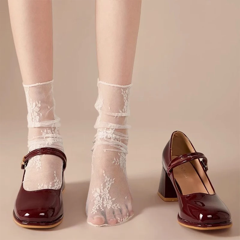 1/2 Paar Damensocken, ultratranspirant, transparent, Lolita, Sommer-Stapelsocken, japanischer Stil, Spitze, Fischnetz, JK, dünne Socken