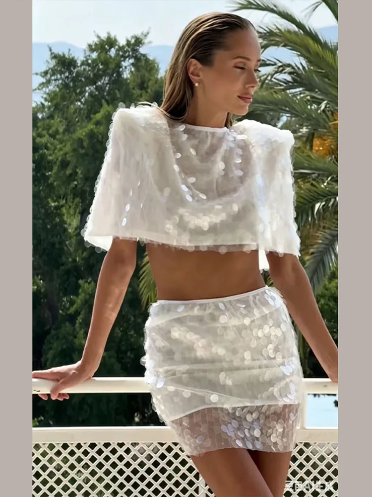 Pailletten-Schulterpolster Crop-Tops und Minirock-Sets für Damen, Sexy Kurzes Cape-Top, Hüftbetonter Gerader Rock, Charmante Damen-Partykleidung – Detail 6