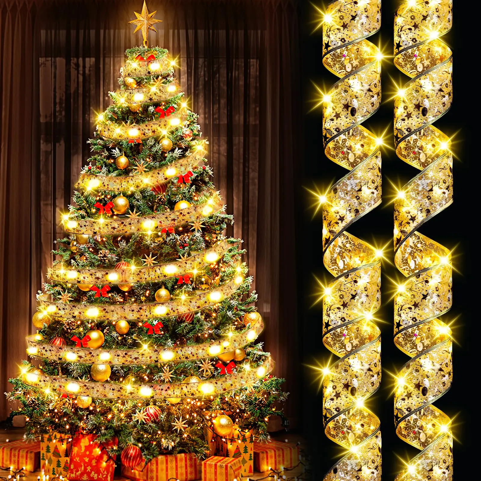 Christmas Ribbon Lights 4M/13.2ft 40 LED Lights Copper Wire Ribbon String Lights for New Year Party Weddings Christmas Tree