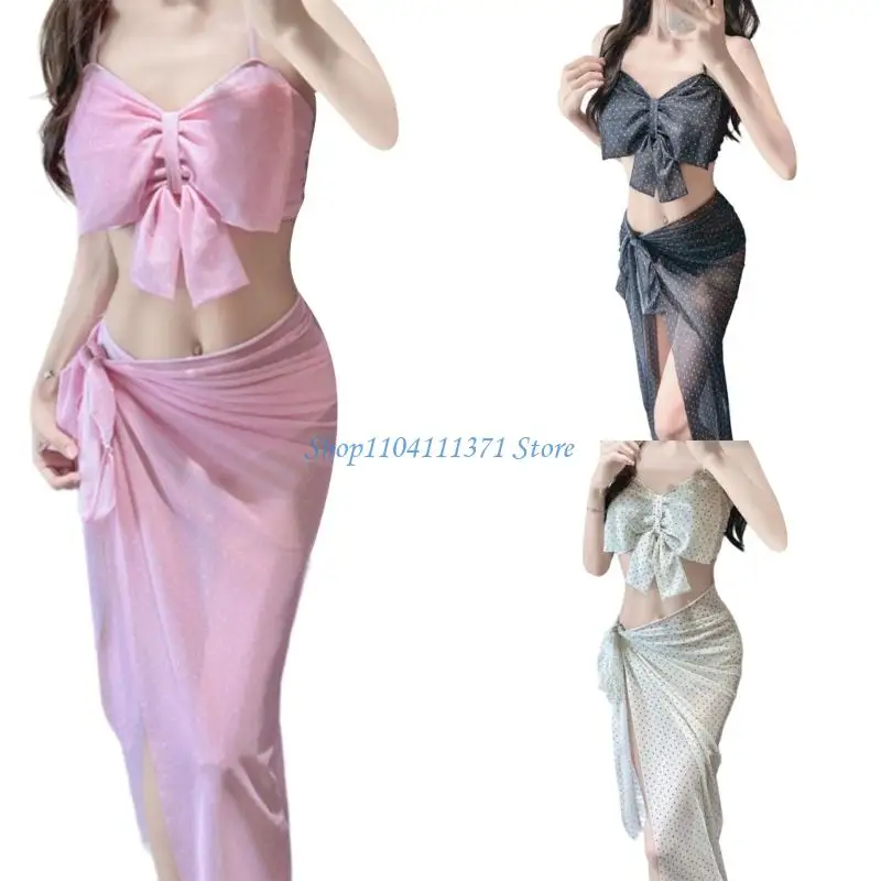 

P9FC Women Two Piece Swimwears Set Big Bowknot Bathing Suit with Beach Coverup Dress