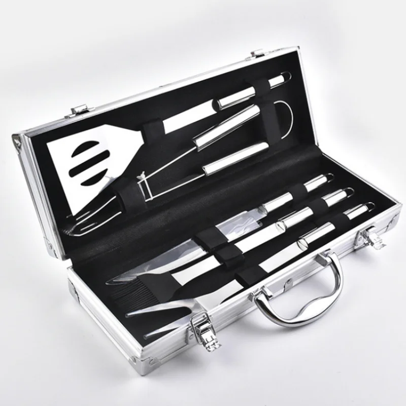 

5-piece Set BBQ Portable Portable Aluminum Box Shovel Knife Clip Brush Fork Outdoor Home Barbecue Tool Combination