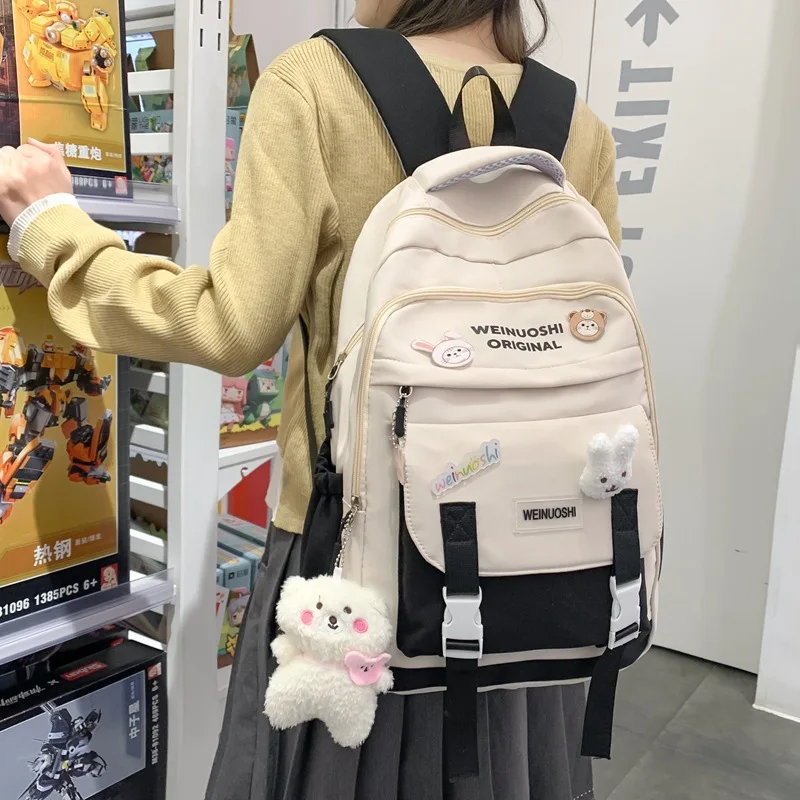 Cute Cartoon Rabbit Charm Decor Backpack Casual Versatile Backpack for Women Trendy All-match School Bag