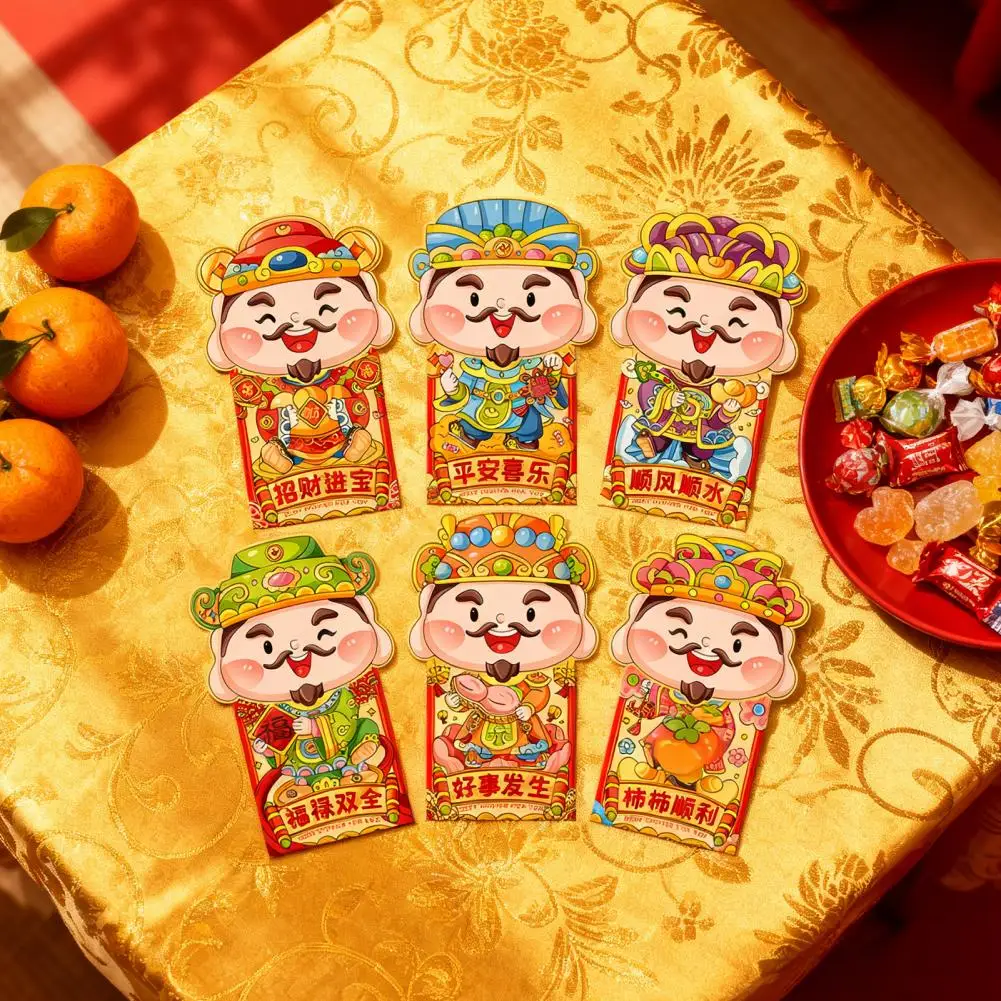 ซองอั่งเปาเทพเจ้าแห่งความมั่งคั่ง 6 ชิ้น ชุดซองอั่งเปาตรุษจีนลายการ์ตูน ซองใส่เงินนำโชคเทศกาลฤดูใบไม้ผลิ ซองอั่งเปาแดง