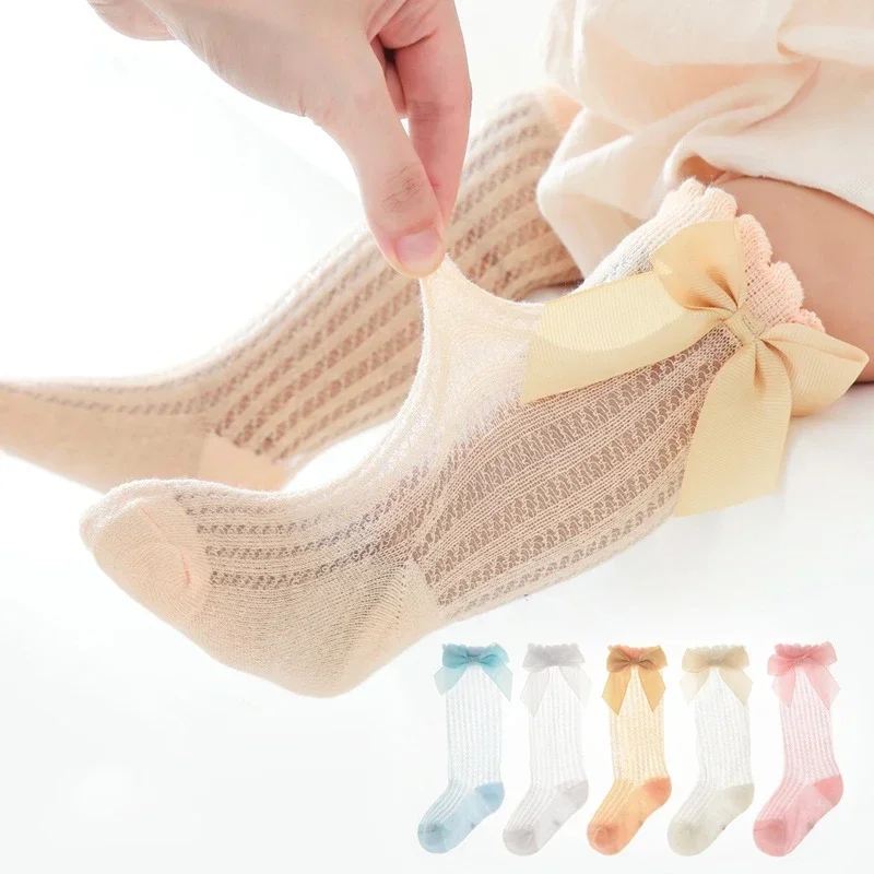 Thin Kids Knee High Socks Baby Girls Boys Bow Long Sock Soft Cotton Mesh Breathable Children Hollow Out Socken for 0-3 Years