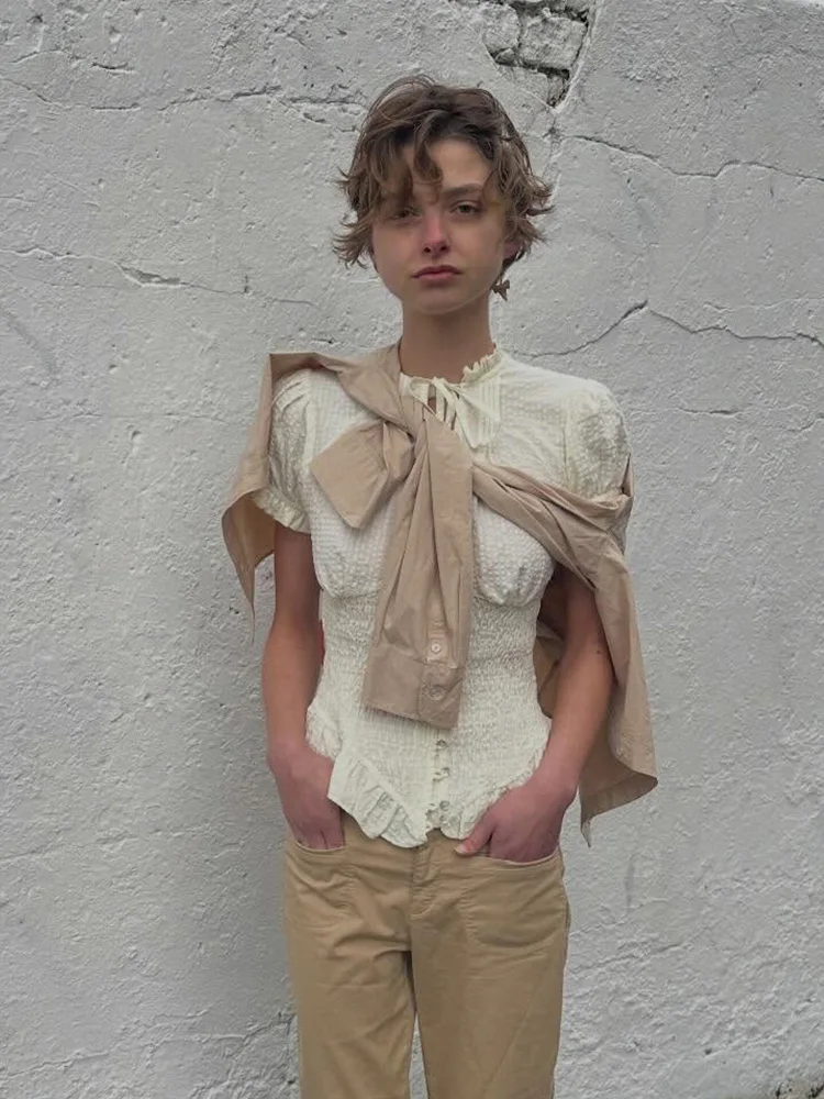 

HH Women 2026 Summer New Fashion Solid Versatile 2-Color Shirt Female Bow Decoration Short Sleeve Single Breasted Pleated Blouse