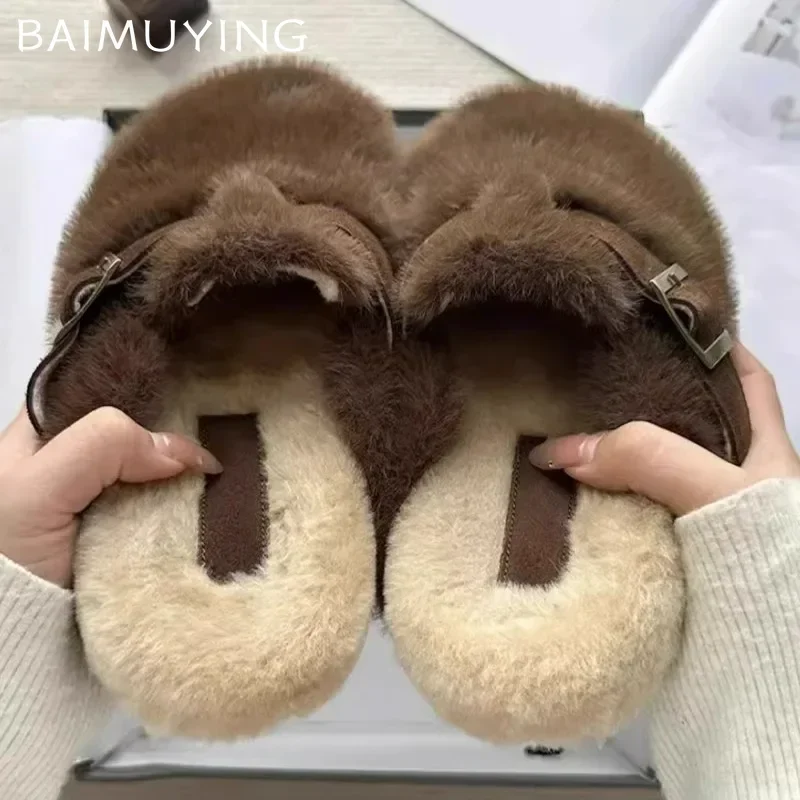 Fluffy Slippers Women Fur Warm Flats Cotton Shoes Woman 2025 Trend Winter Short Plush Mules Shoes Brand Casual Snow Botas Mujer