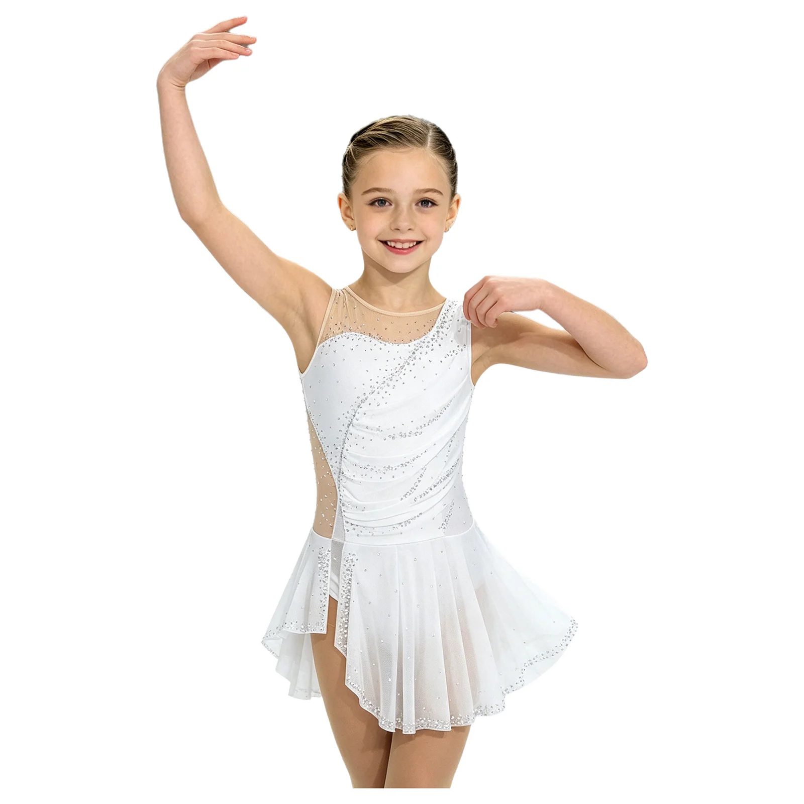 Kinder Mädchen Gymnastik Eiskunstlauf Ballett Tanzkostüm Funkelnde Strasssteine Gerafftes Netzkleid mit Seitenschlitz und Eingebautem Slip – Detail 21