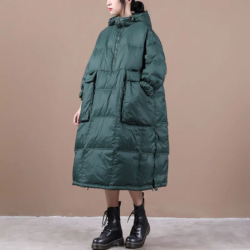 Winter Hooded Padded Jacket Long Parka 2022 Trendy Design Loose Casual Half Zipper Pullover Oversized Down Cotton Coat T673