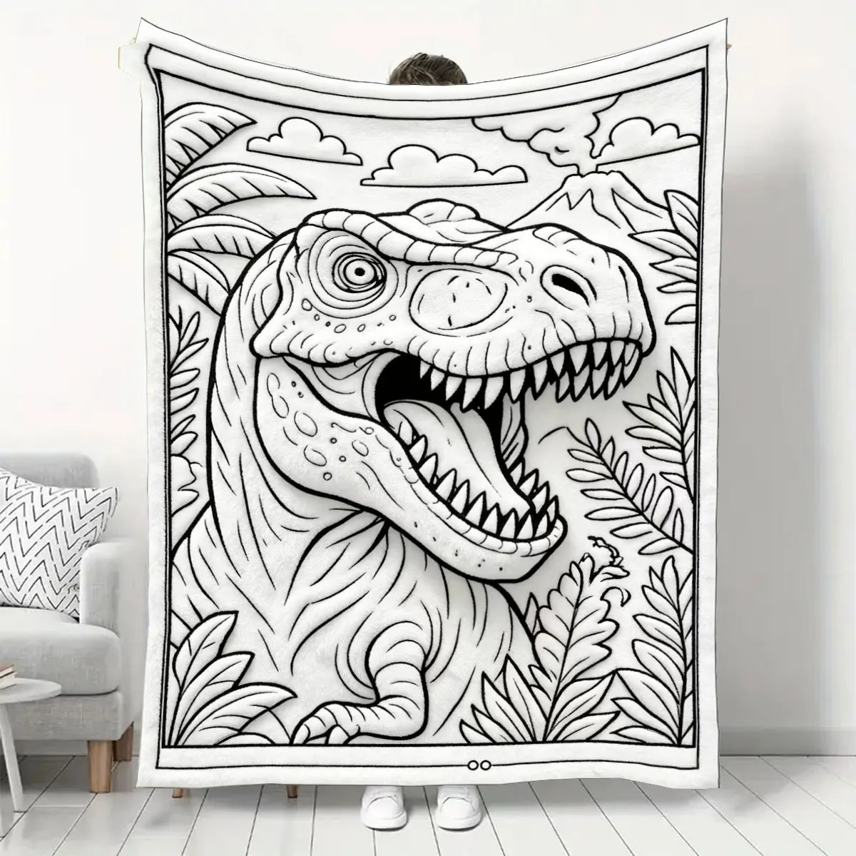 T‑Rex Coloring‑Style Throw Blanket, Skin‑Friendly Soft All‑Season Blanket, European‑American Hand‑Drawn Line‑Art Dinosaur Theme