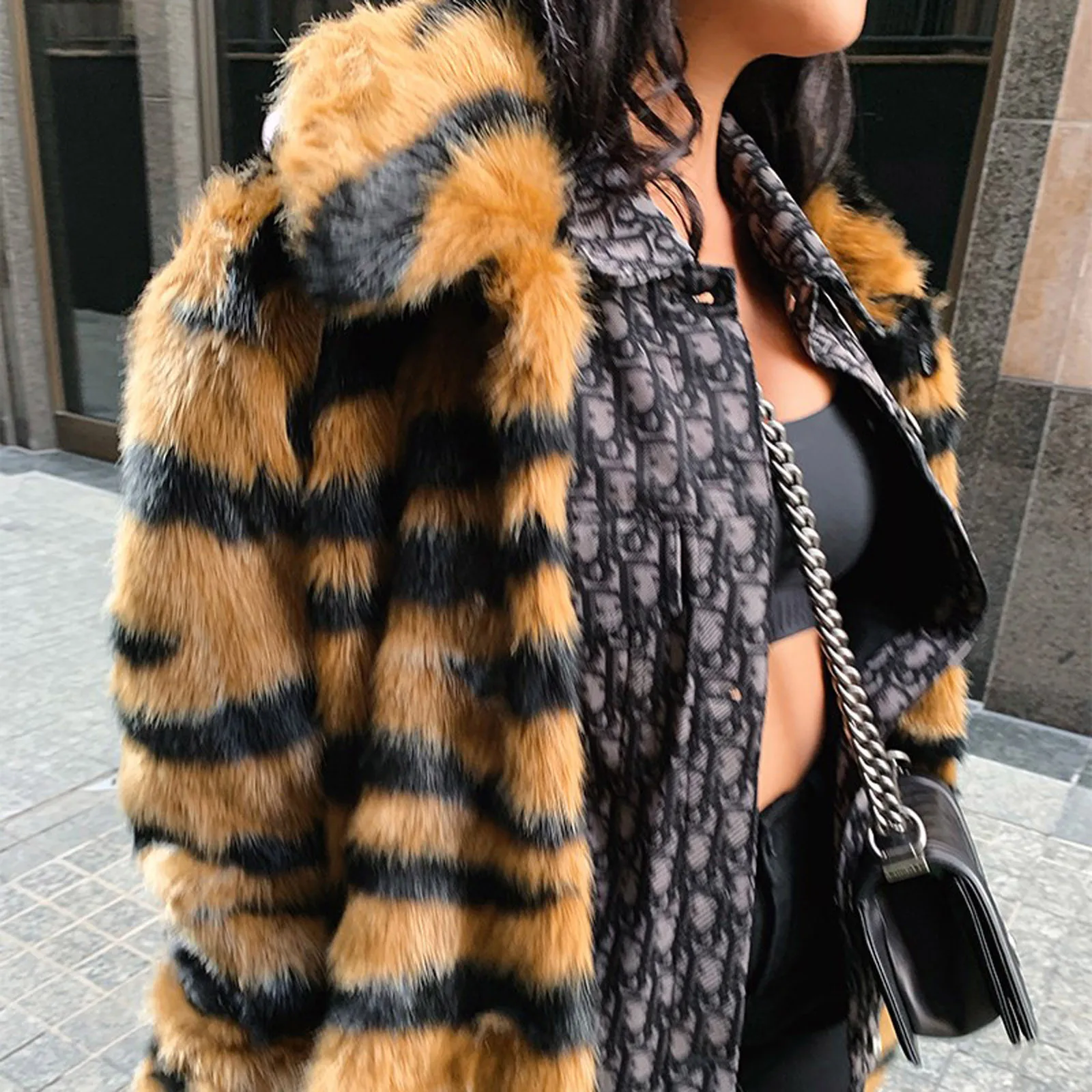 Tiger Print Fleece Jacket Womens Warm Long Sleeve Leopard Print Overcoat Faux Fur Outwear Thicken Korean Blazer Winter Coat