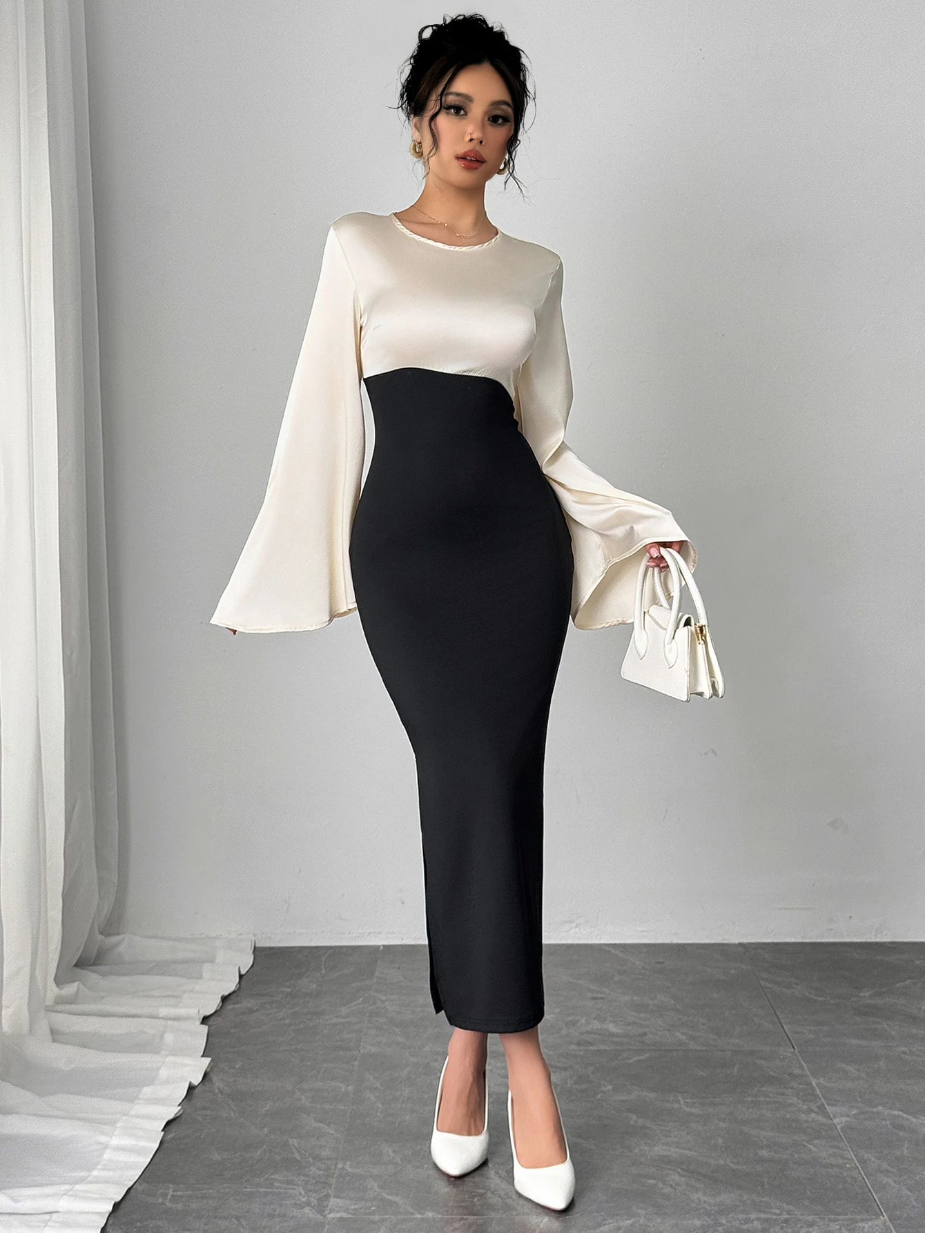 Women Maxi Dress Bell Sleeve Color Block Satin Bodycon Casual Dresses  Elegant Spring Sexy Evening Wedding Guest Party Date Dress - AliExpress