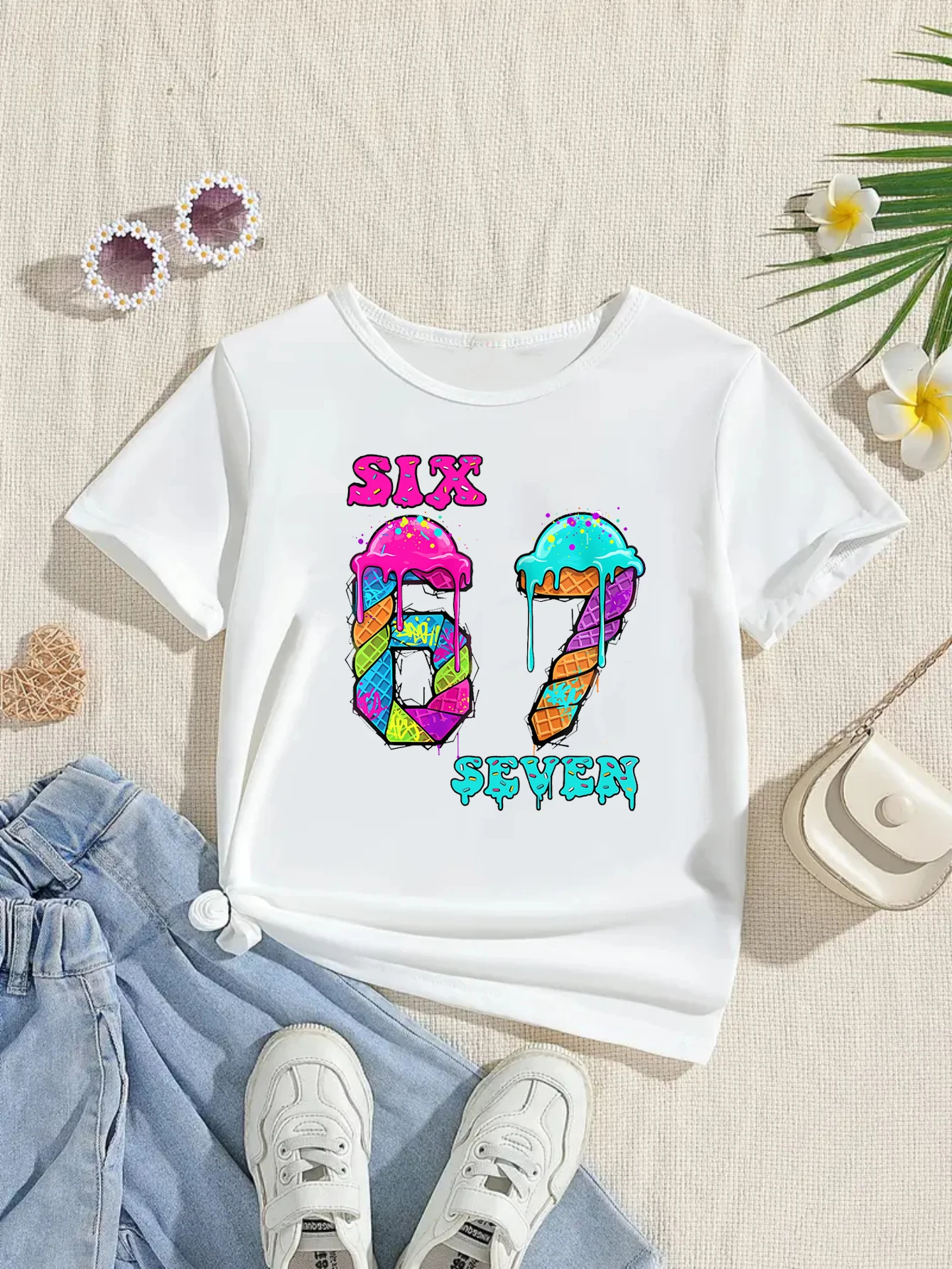Colorful Ice Cream 67 Six Seven Meme Printed T Shirt Girls/Boys 6th/7th Birthday Gift T-Shirt Funny Kawaii Kids Clothes