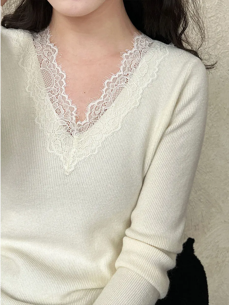 

Женский облегающий вязаный свитер с V-образным вырезом и кружевом, базовый слой, французский стиль, длинный рукав, для осени и зимы