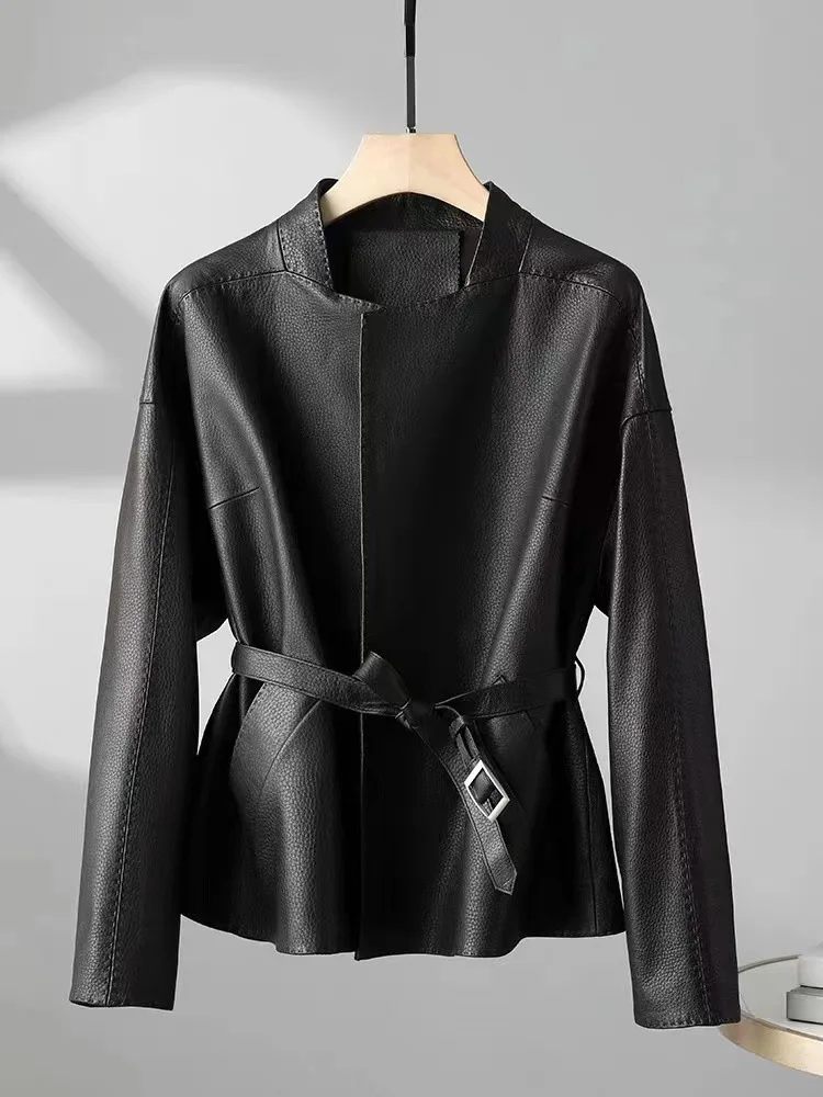 Chaqueta de piel de oveja auténtica para mujer, chaqueta de cuero con cuello levantado, cinturón adelgazante, E1, 2024