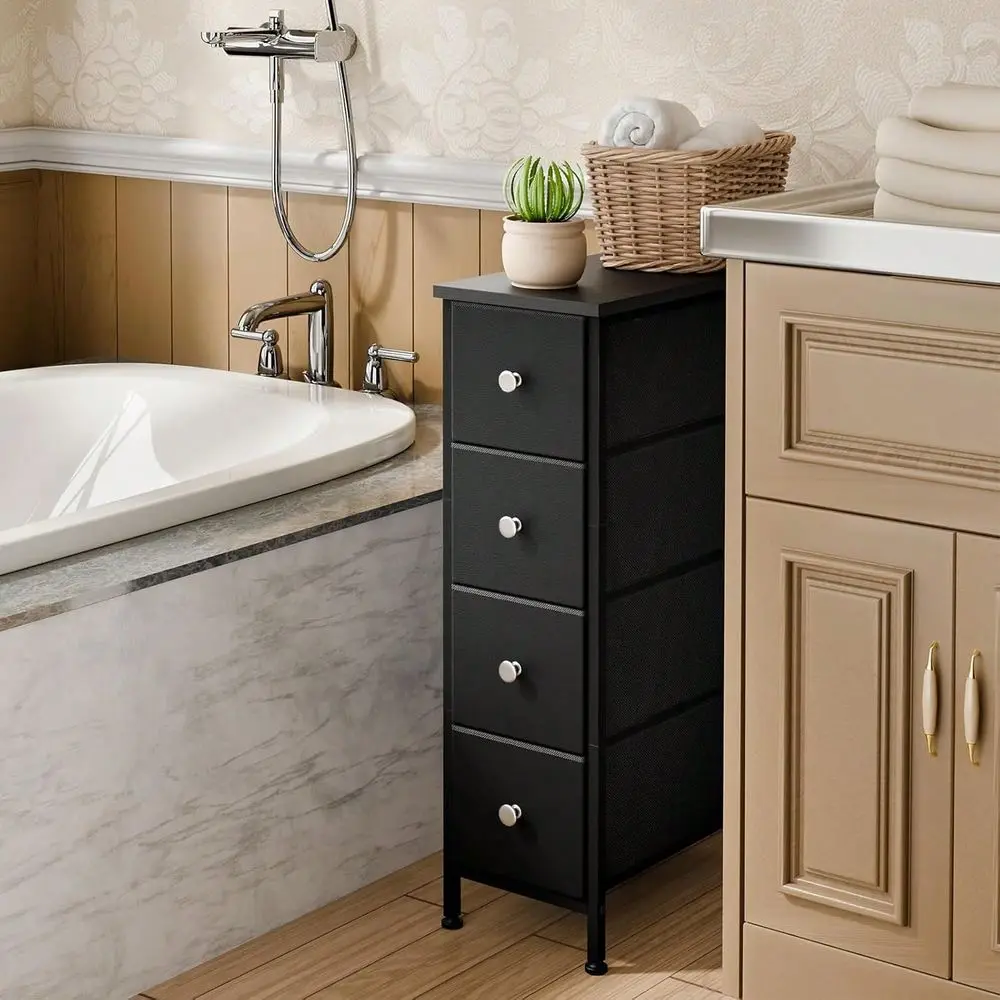 

4Drawer Slim Storage Cabinet MultiSpace Organizer For Bathroom, Bedroom, Office Dorm, Narrow Fabric Nightstand With EasyGlide D