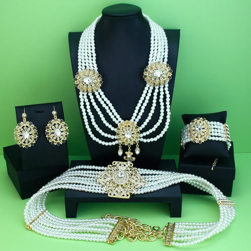 Neovisson Morocco Fashion Style Jewelry Sets Gold Color Pearl Caftan Belt Bead Necklace Crystal Earrings Bracelet Bridal Gift