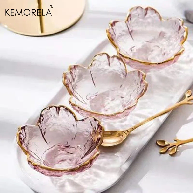 

1-3Pcs Japanese Style Small Glass Plate With Golden Border Seasoning Dessert Cute Style Sakura Bowl Sala Bowl