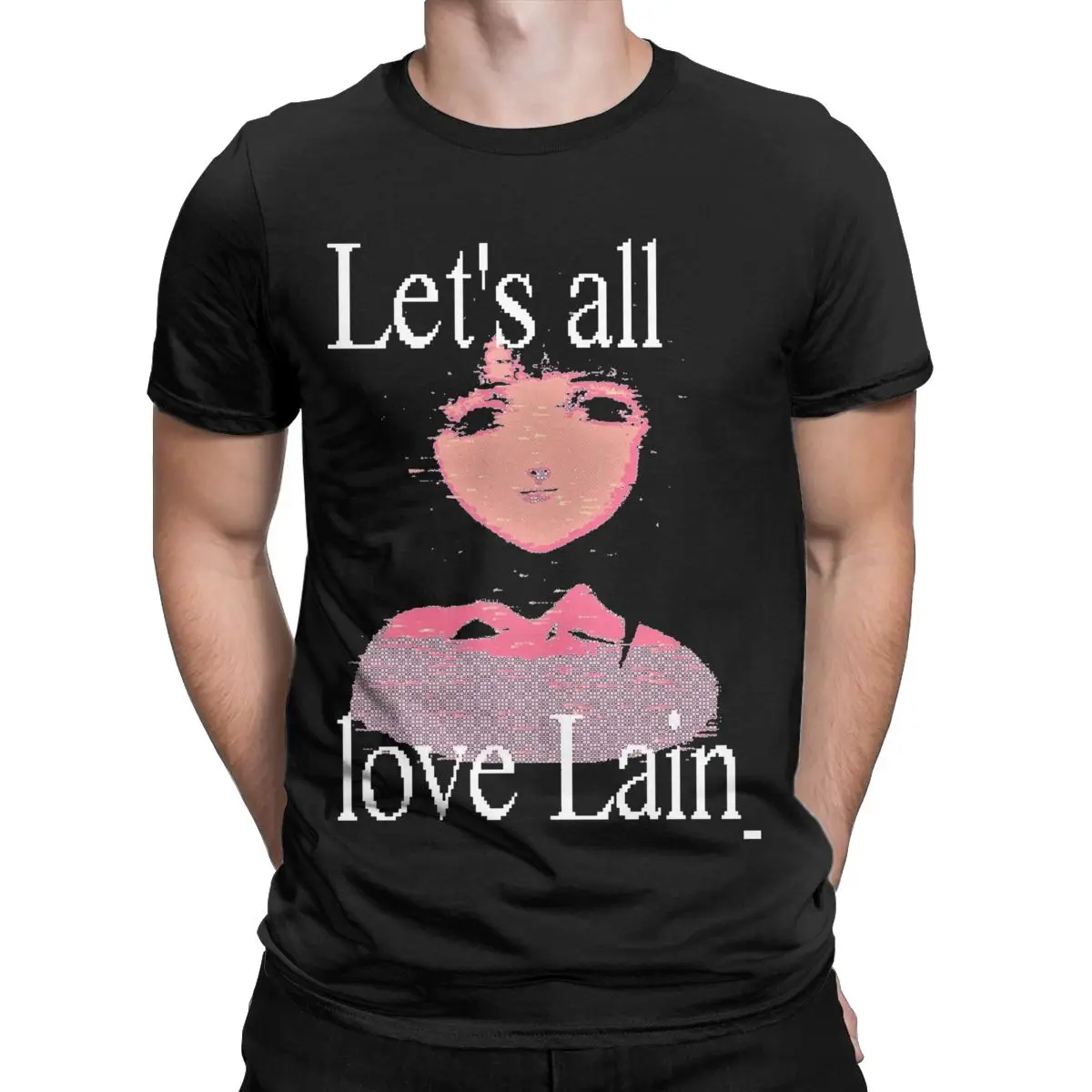 Men T-Shirts Lets All Love Lain Serial Experiments Lain Crazy 100% Cotton Tees Anime T Shirt O Neck Clothes Plus Size