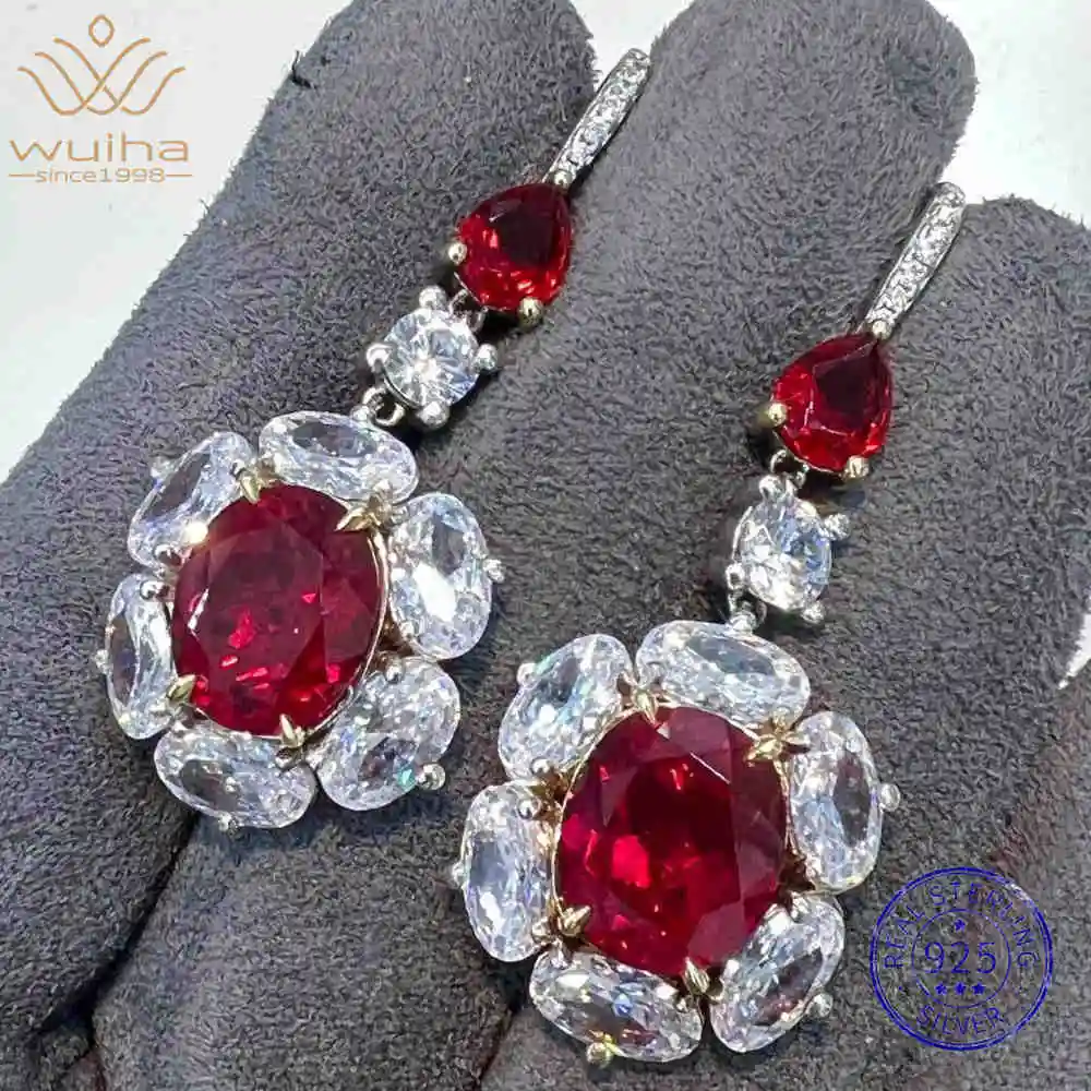 

WUIHA Vintage 925 Sterling Silver Oval Cut Ruby High Carbon Diamonds Gemstones Drop Dangle Earrings Anniversary Fine Jewelry