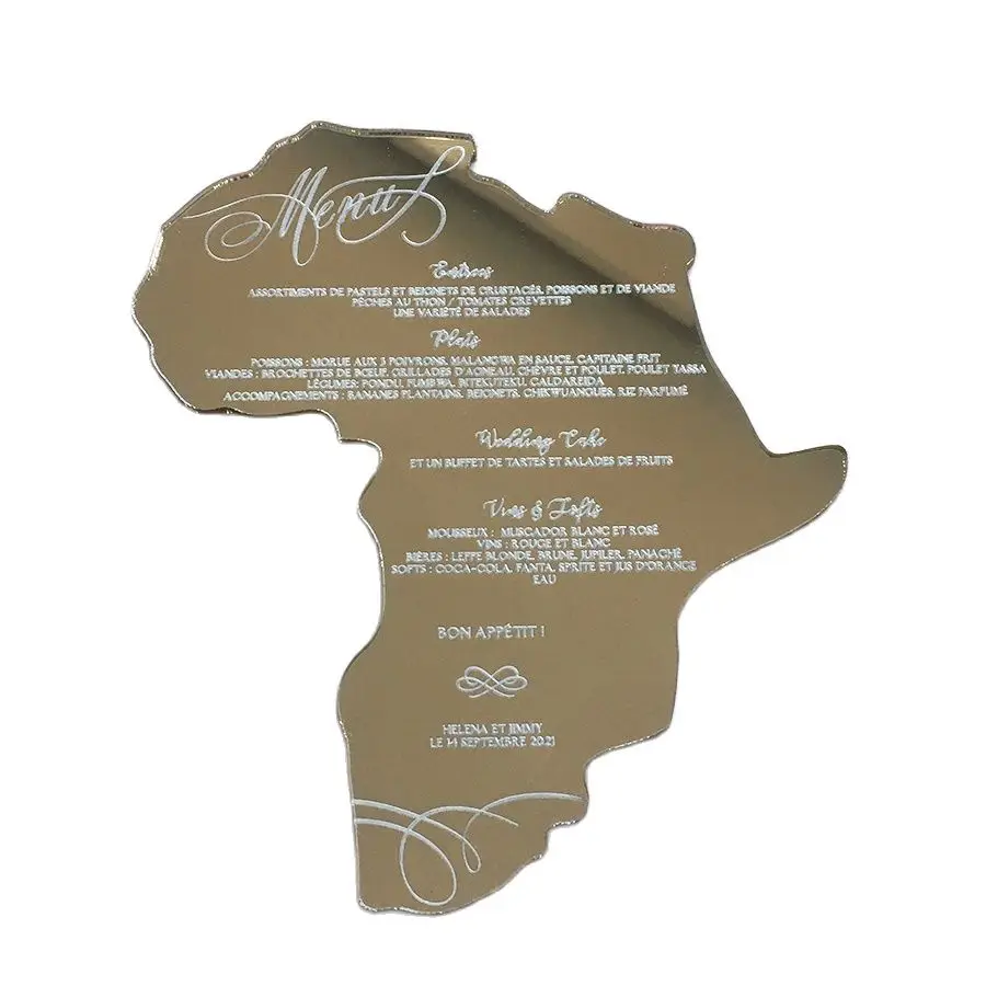 20pieces Per Lot Customized Africa Map Shaped Golden Mirror/Silver Mirror Acrylic Wedding Menu Cards with Engraved Letters