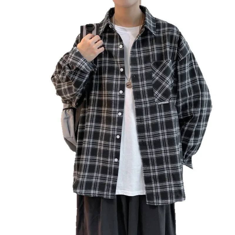 Men's Plaid Long Sleeve Fleece Lined Casual Thin Shirt Youth Fashion Outerwear Autumn Winter Wear Breathable Polyester