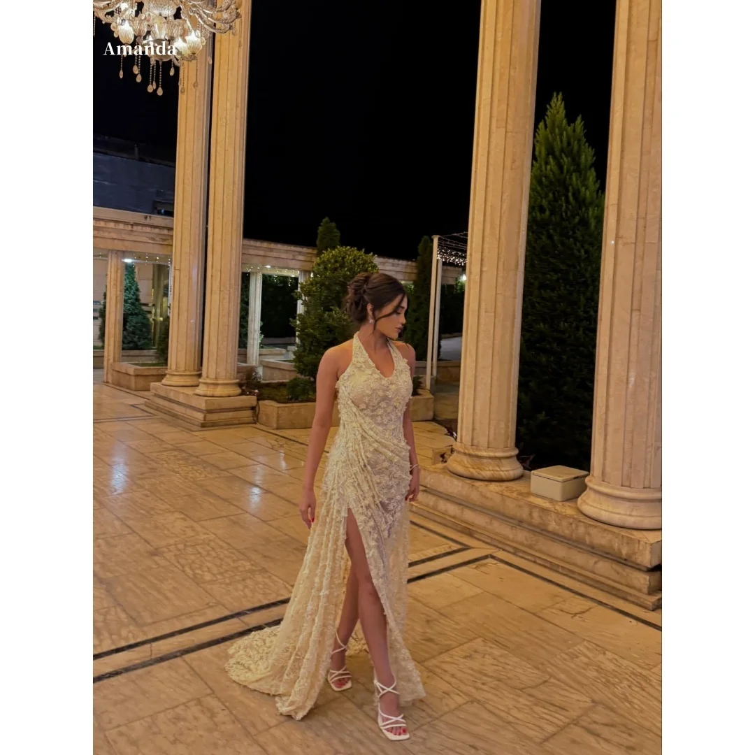 

Amanda Customized Champagne Halter Neck Prom Dress Side Slit Sleeveless vestidos de noche Floor-Length Lace Formal Evening 2025