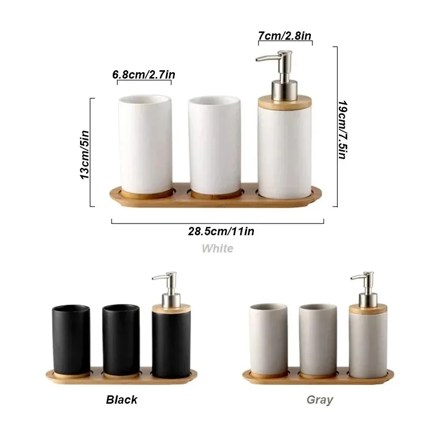 Four Pieces Bathroom Accessories Storage Container Set Including Set Soap Pump Toothbrush Holder Tumbler with Wooden Tray