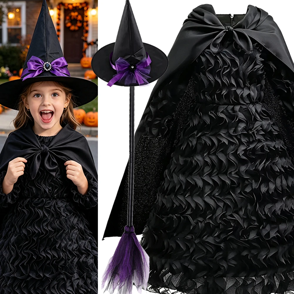 Movie Character Black Witch Dress Girl Cosplay Horror Witch Princess Halloween Costumes