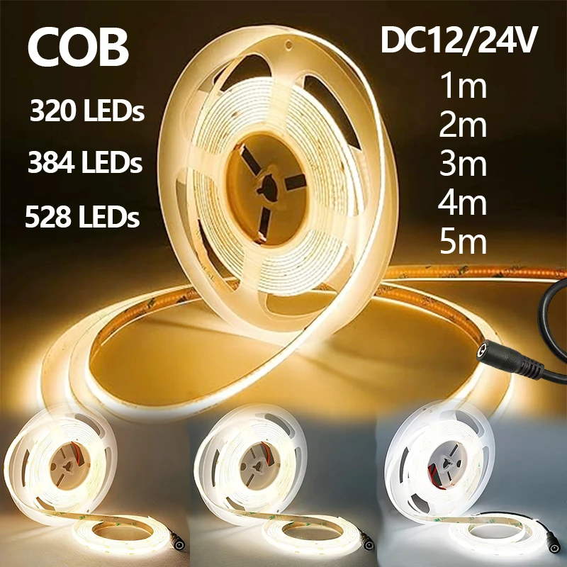 FCOB LED Strip Light 320 384 528 LED High Density Flexible FOB COB Led Light RA90 Warm Nature Cool White Linear Dimmable 12V 24V