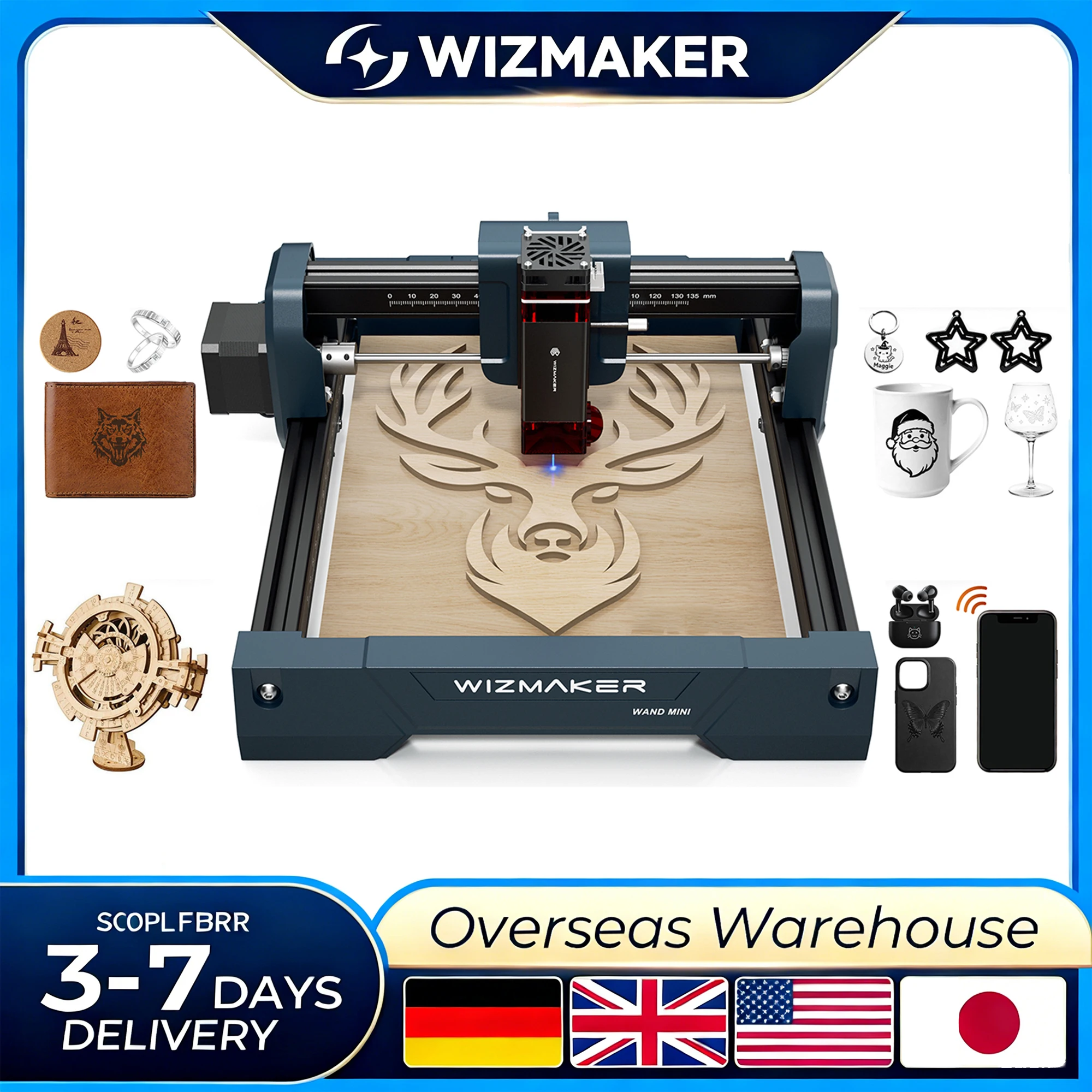 Graveur laser miniature WIZMAKER WAND MINI DIY pour cadeaux personnalisés, pas d'assemblage, bois, cuir, papier, utilisation facile, logiciel BURNLAB gratuit
