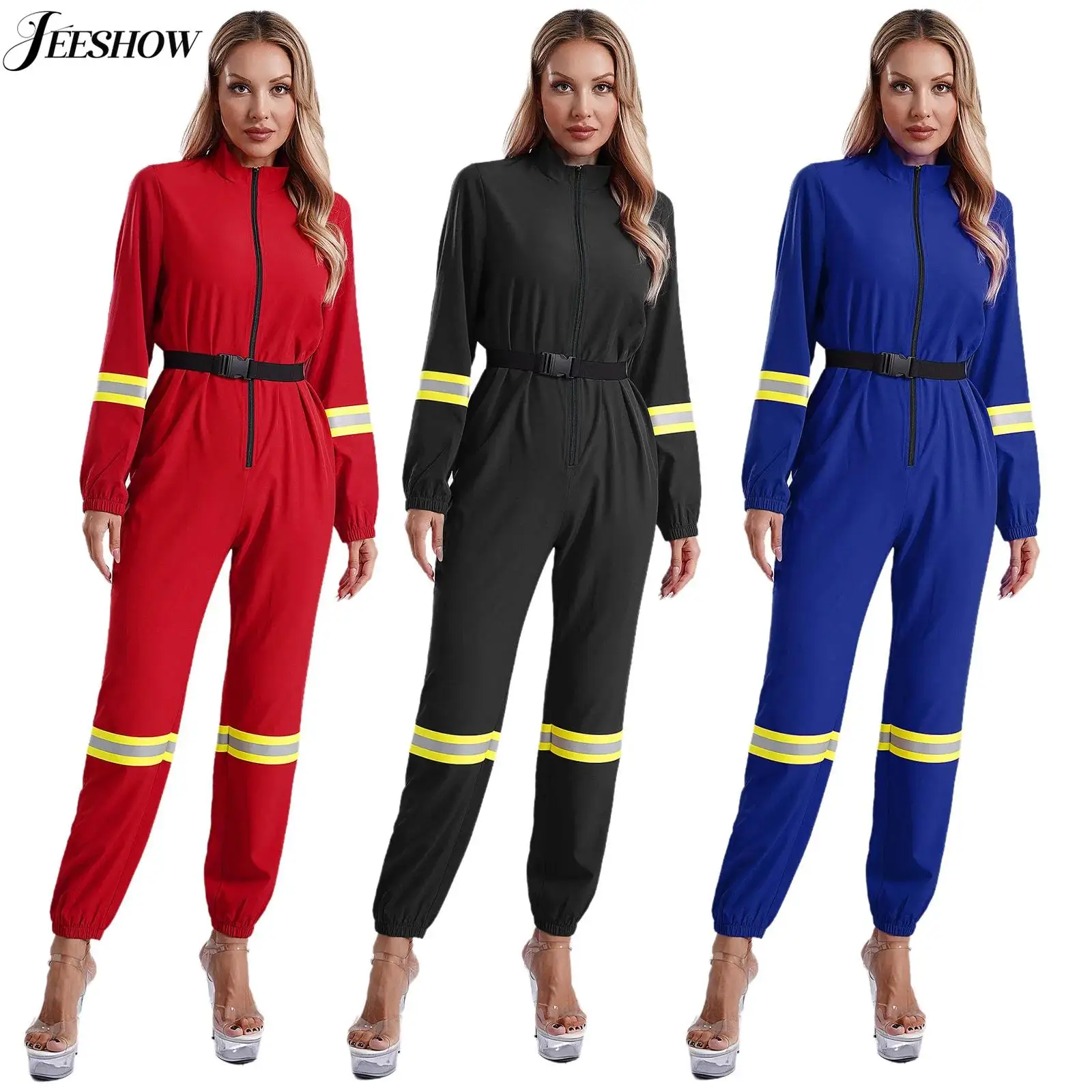 Feuerwehrfrau-Kostüm, langärmeliger Overall mit Reißverschluss vorne und Gürtel, Feuerwehr-Cosplay-Outfit, Einteiler für Halloween-Party