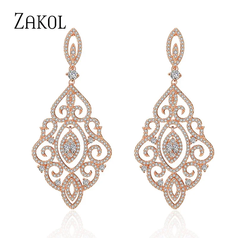 ZAKOL Luxury Leaf  Full Micro Paved Cubic Zirconia Big Drop Earrings Fashion Wedding Party Jewelry for Women FSEP2186