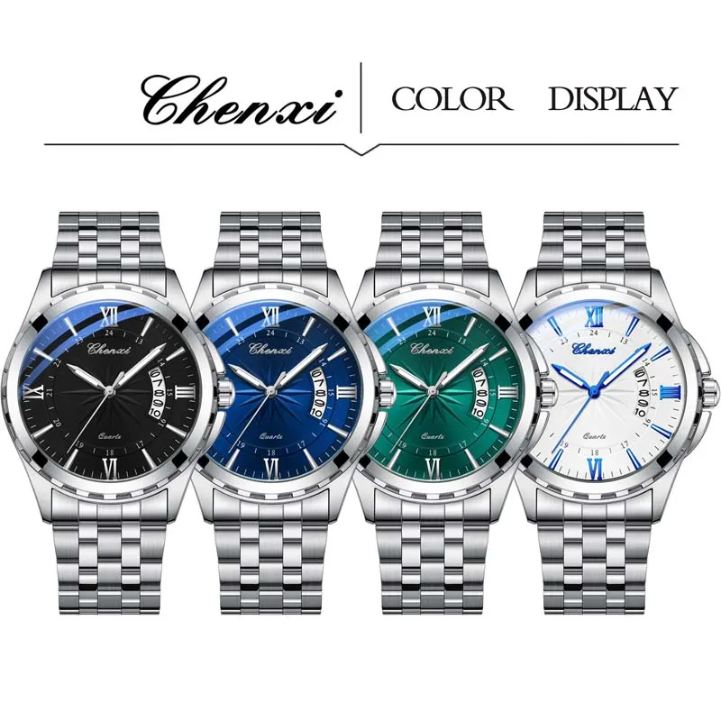 CHENXI Brand Silver Man Watch Fashion Business Waterproof Calendar Quartz Wristwatch Men's Clock  Stainless Steel