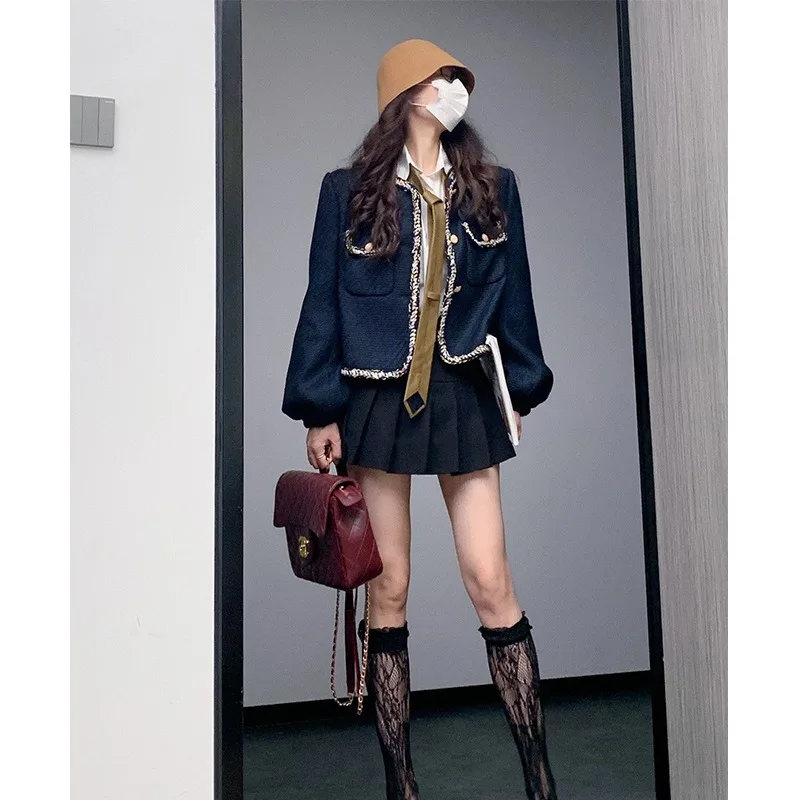 SXTHAENOO Vintage Color Woven Tweed Small Fragrance Short Navy Blue Coat Women Spring Fashion Casual Woolen Coat Outwear