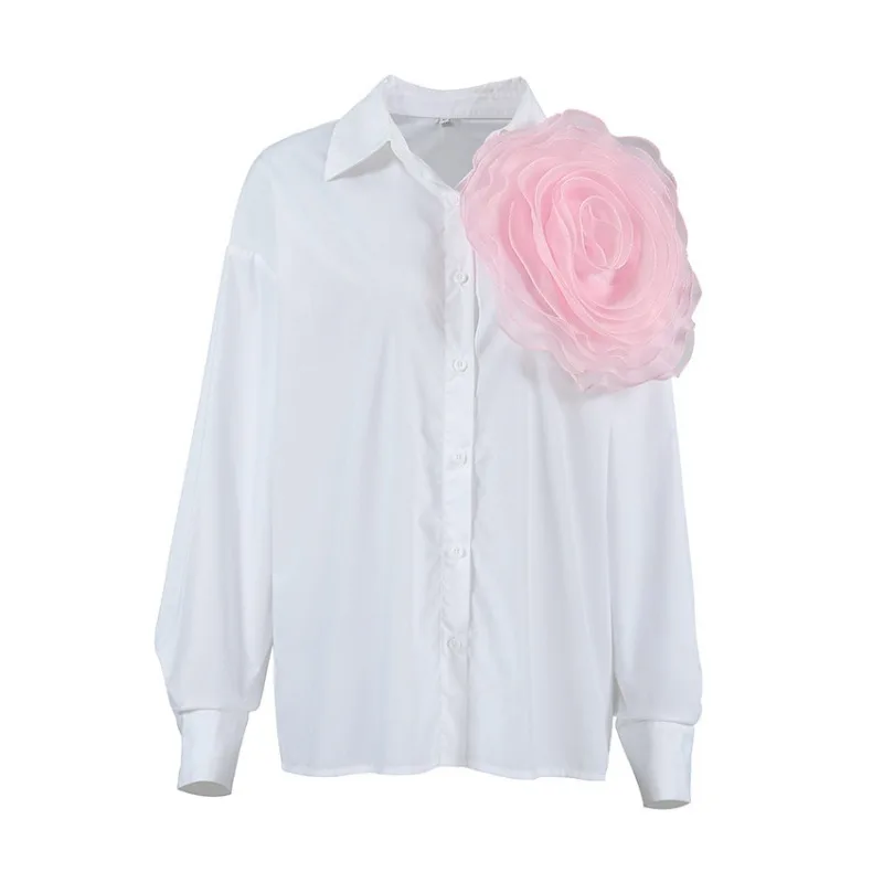Women's Shirt 2024 New Fashion Lapel Mesh 3D Rose Decor Temperament Commuting Female Clothes Cotton Summer Elegant Women Blouses