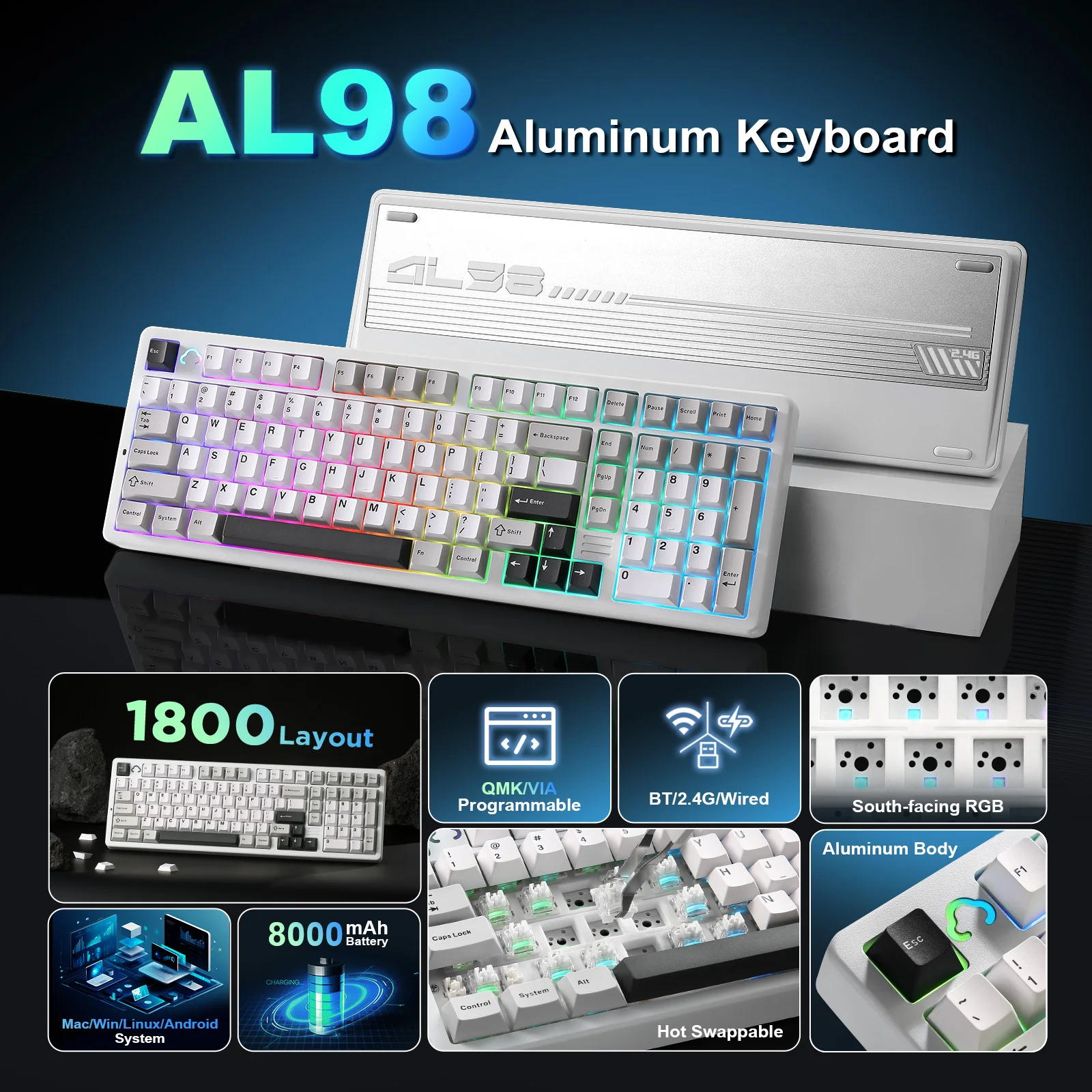 YUNZII AL98 สีขาว QMK/VIA คีย์บอร์ดไร้สาย, 1800 รูปแบบ Pre-Lubed Hot Swap ปะเก็น RGB Gaming Keyboard สําหรับ Mac/Win