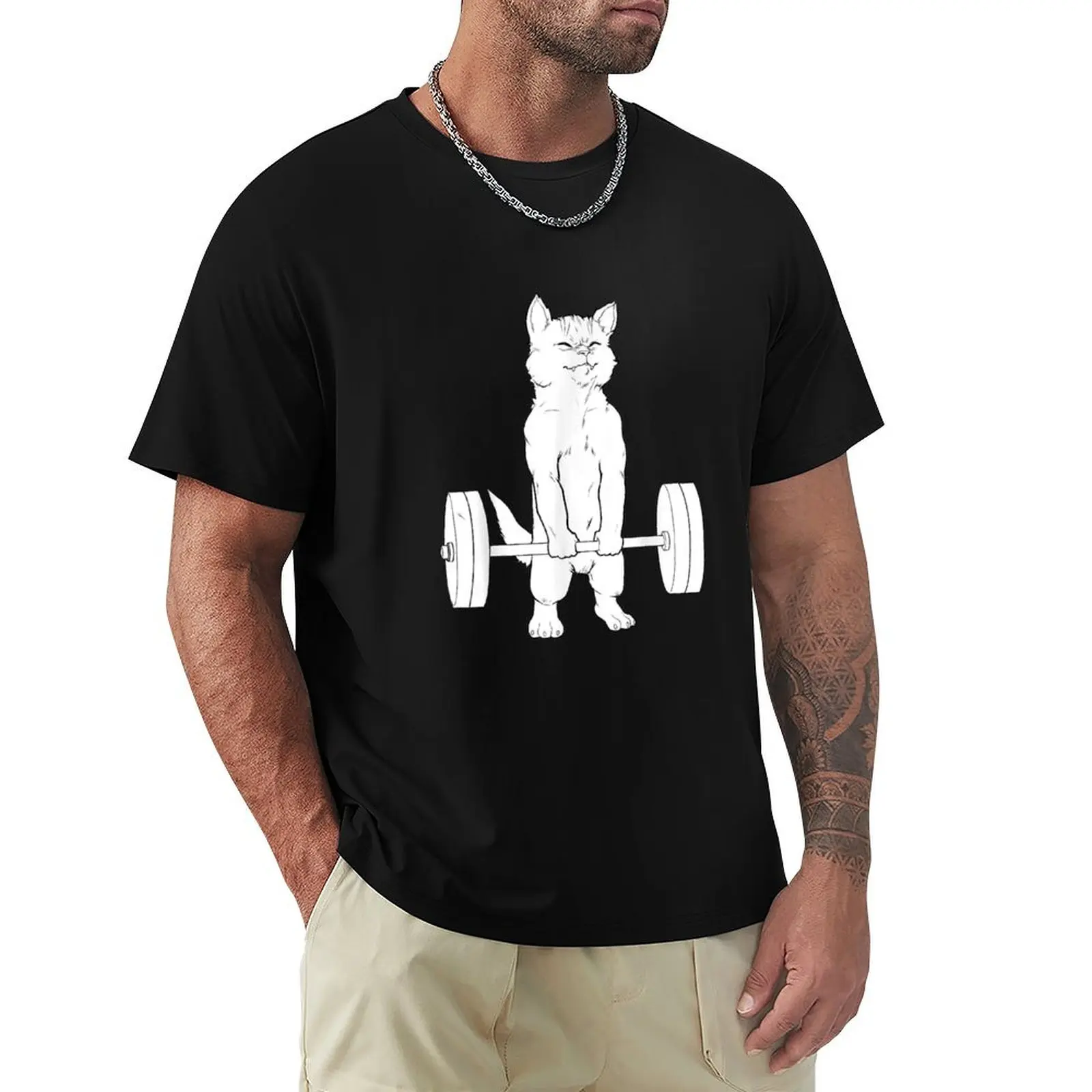 Cat Deadlift Powerlifting T-Shirt Casual Street Style Short Sleeve Tee