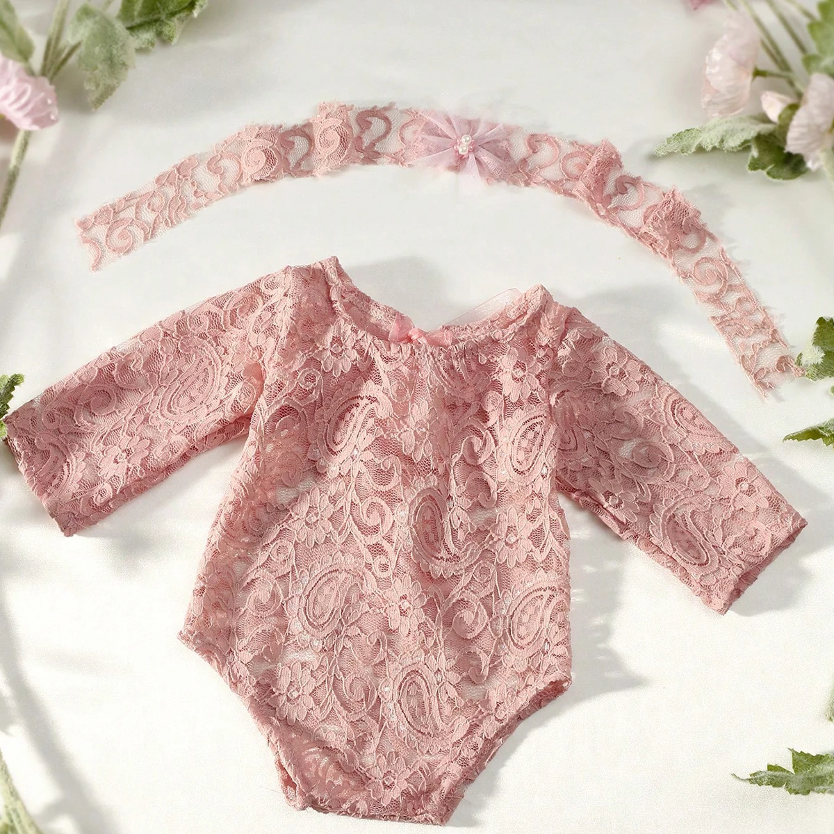 Ylsteed Dusty Pink Newborn Lace Romper Infant Photography Outfits With Matching Headband Baby Girl Photo Shooting Picure Props