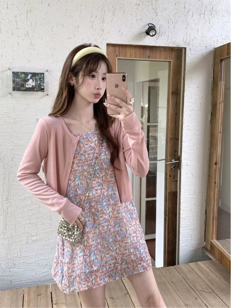 

Sweet Style plus Size Women's Dress Sun Protection Knitted Cardigan Small Size Slimming Floral Halter Dress Summer Fashion