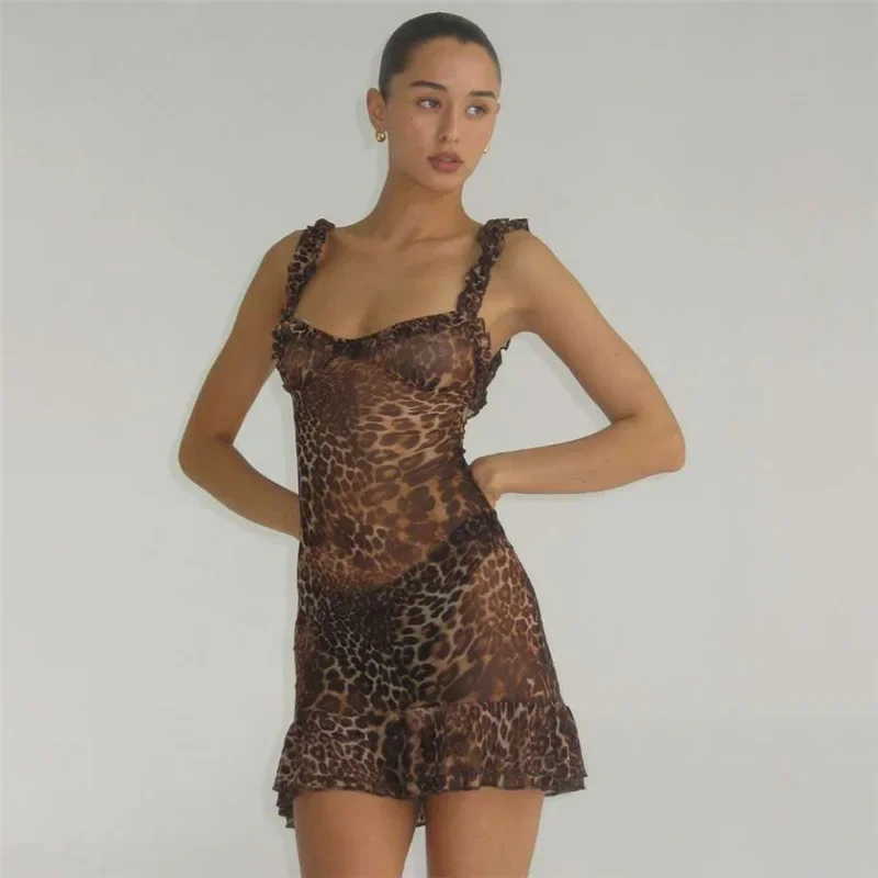 

Leopard Print Ruffles Sheer Mesh Mini Dress Women Sexy V-neck Spaghetti Straps Backless See Through Night Club Party Vestidos