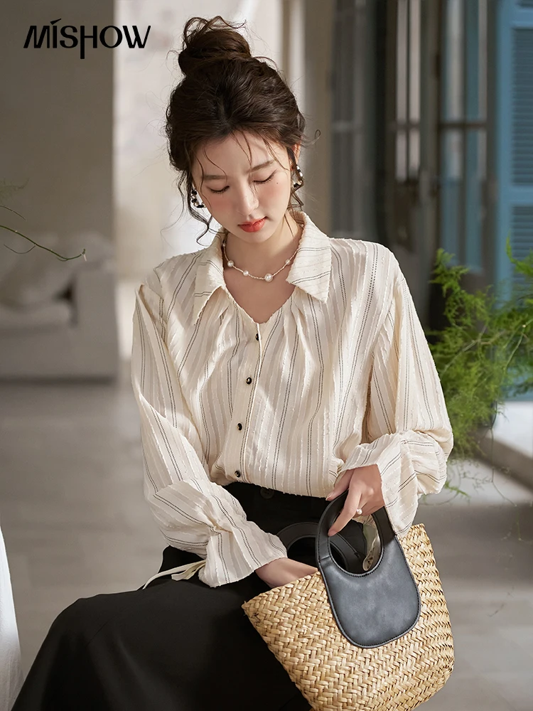 

MISHOW French Ruffle Sleeves Shirt for Women Spring 2024 Korean Stripe Polo Collar V-Neck Fold Contrast Button Tops MXD15C0174