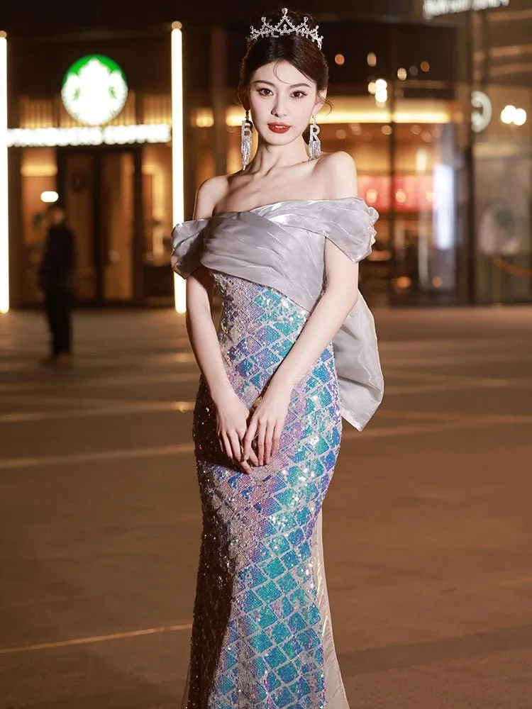 High-end custom-made banquet one-shoulder light luxury strapless dress