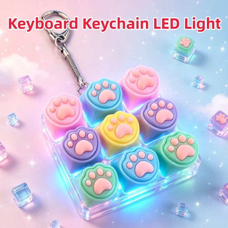 Chaveiro de Teclado Mecânico LED com 9 Teclas em Formato de Pata de Gato, Botão de Dedo Antiestresse, Keycap para Descompressão no Escritório e Casa, Gadget Clicker