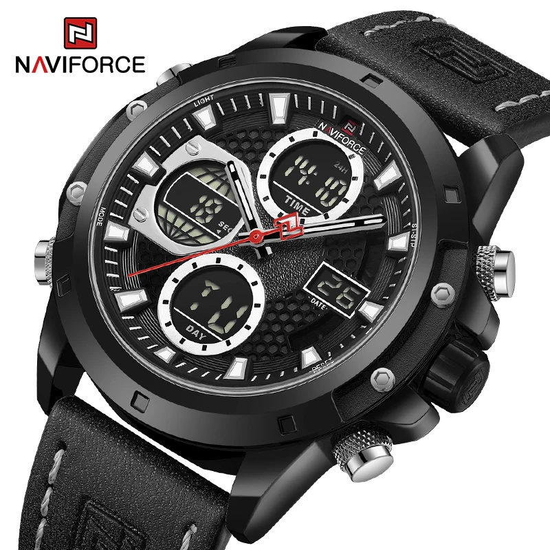 NAVIFORCE 2024 New Fashion Male Quartz Dual Display Wristwatch Waterproof Genuine Leather Strap Sports Luminous Watches for Men