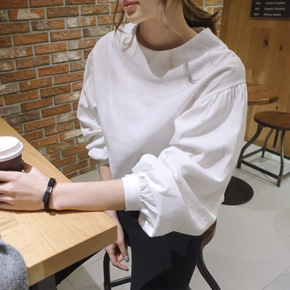 

solid color long-sleeve shirt spring new Korean-French loose bubble-sleeve top internet celebrity T-shirt for women