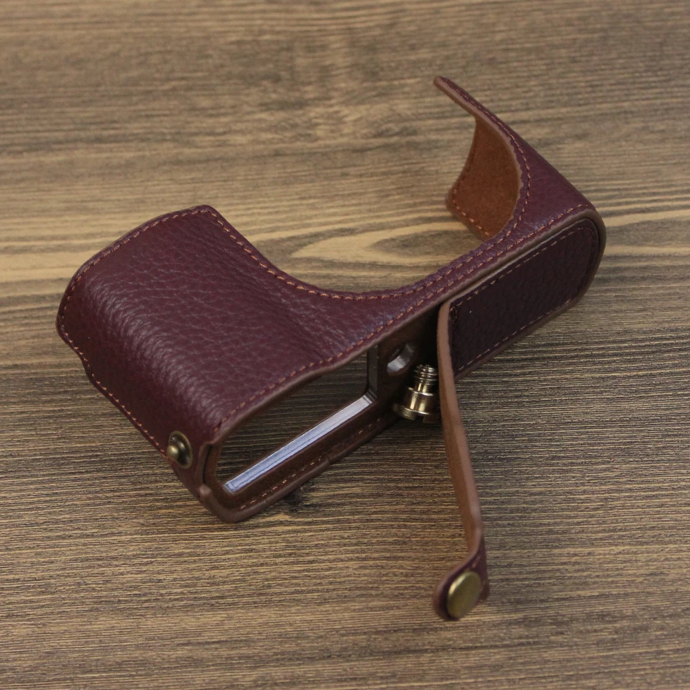 Genuíno caso de couro real saco da câmera para panasonic tz200 tz202 zs220 zs110 meio corpo base capa com abertura inferior versão