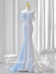 Precioso vestido de celebridad púrpura y azul, cadena con cuentas de perlas, hombros descubiertos, sirena, lentejuelas brillantes, largo hasta el suelo, vestido de graduación saudita